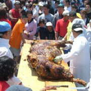 白老牛肉まつりの牛の丸焼きの様子